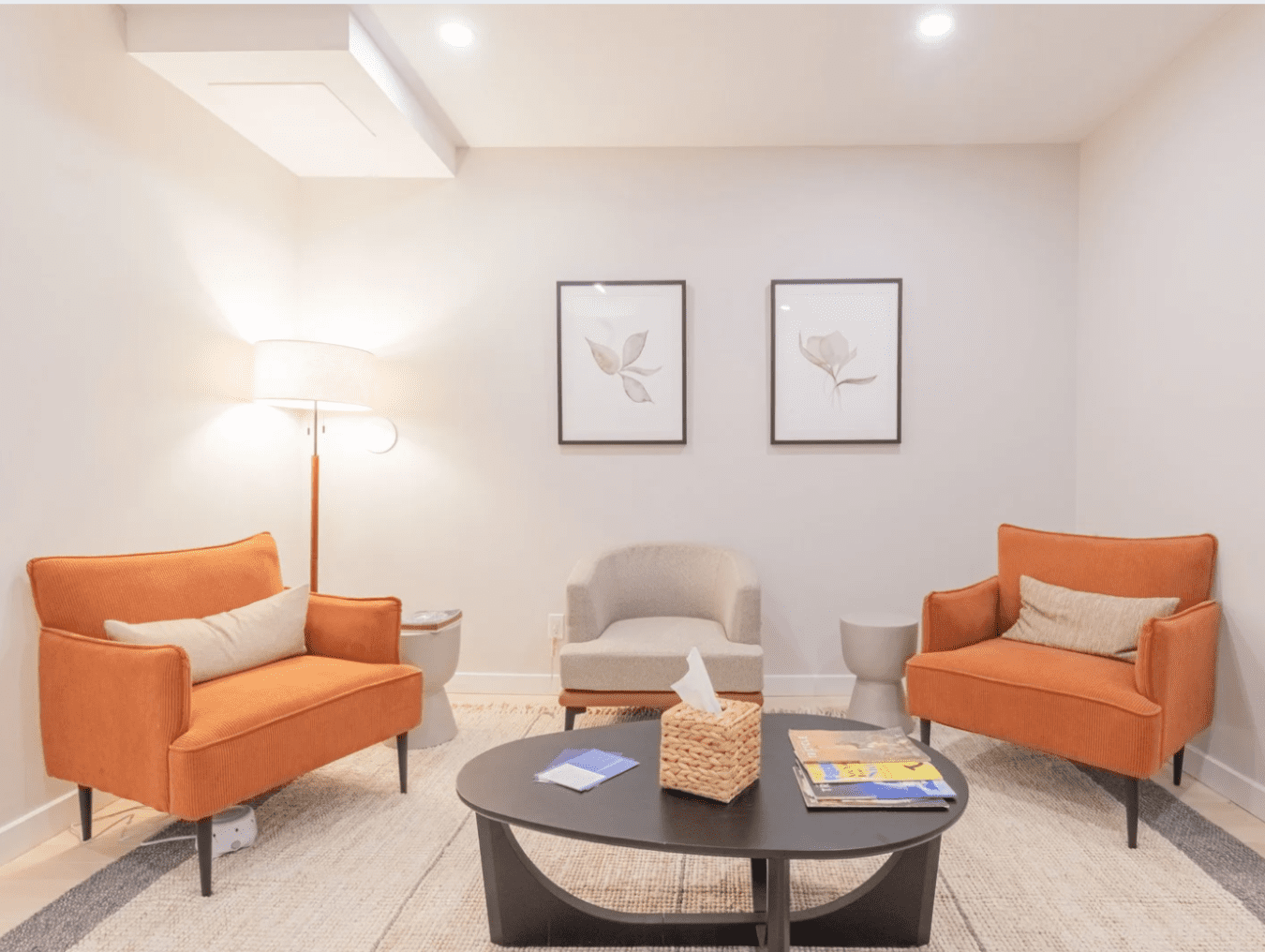 Untitled design (31 cozy brooklyn heights therapy office with orange sofa and chairs and warm lighting